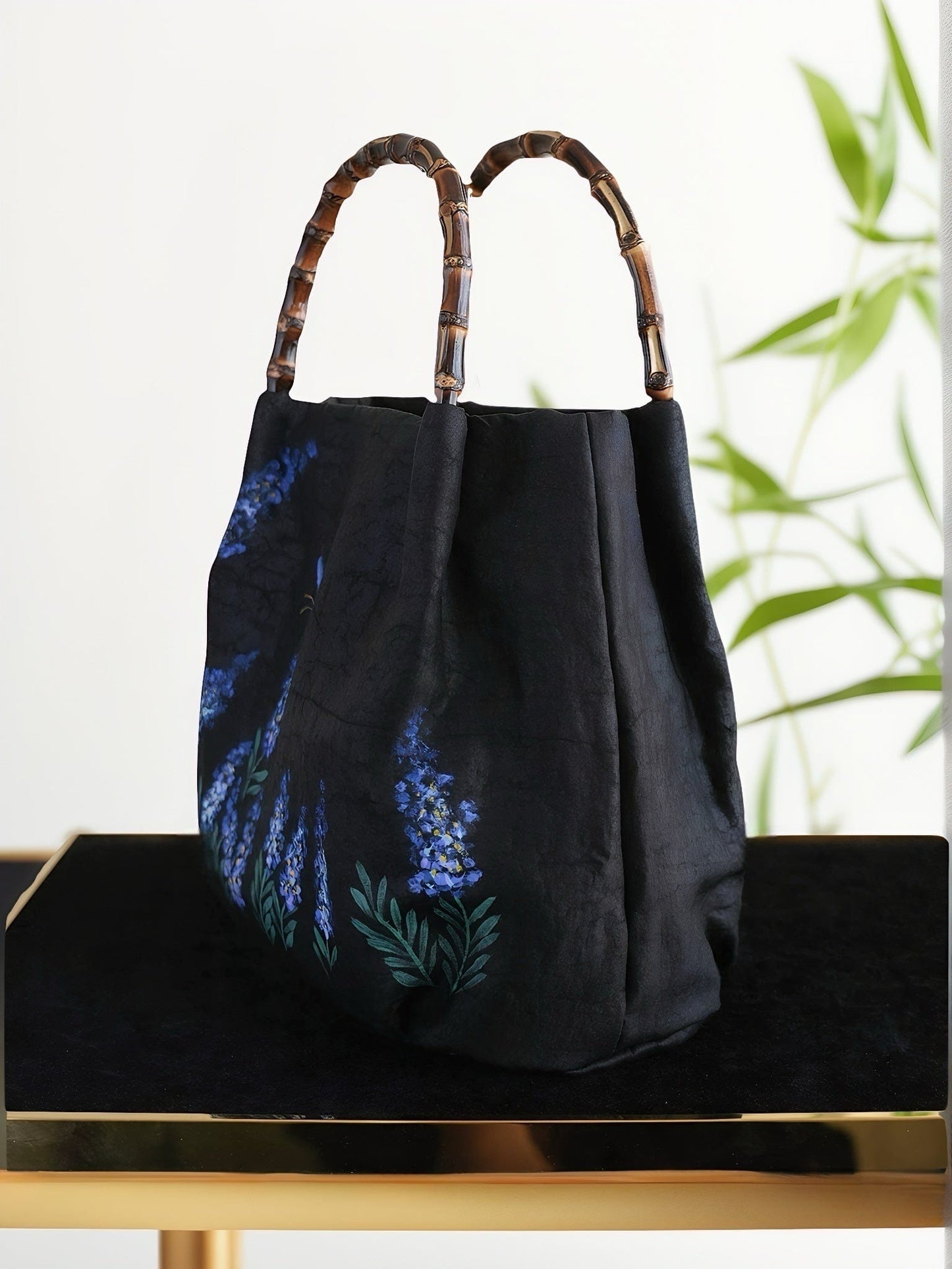 'Dancing with Shadow' Hand-Painted Bamboo Handle Mulberry Silk Handbag