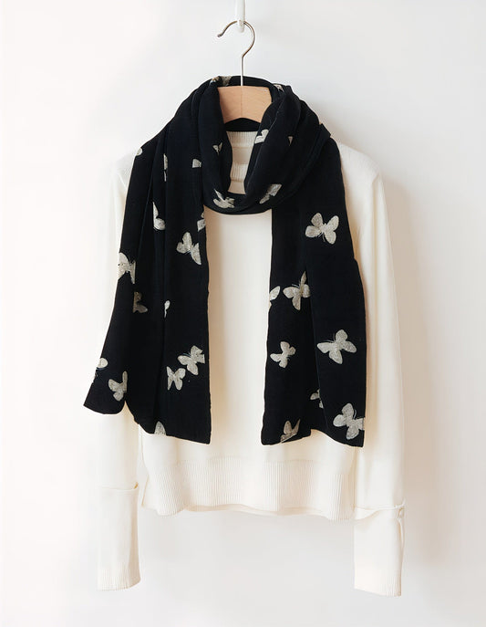 New Chinese Style Velvet Silk Scarf - Double-Layer Winter Shawl for Women with Butterfly Print, Mulberry Silk Luxury Wrap