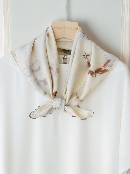 Leaf Print & Plant-Dyed Jiaoluo Silk Scarf - 19 Momme Breathable Square Neckwear, Handwoven 100% Mulberry Silk, Intangible Cultural Heritage Gift