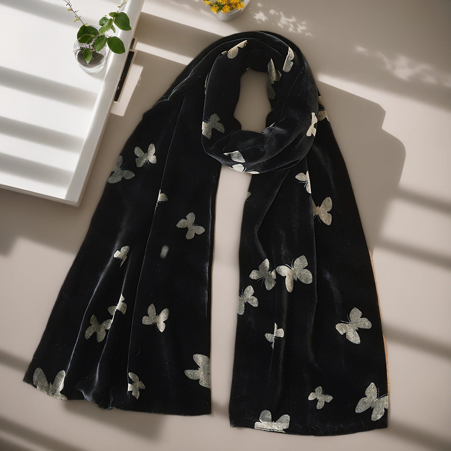 New Chinese Style Velvet Silk Scarf - Double-Layer Winter Shawl for Women with Butterfly Print, Mulberry Silk Luxury Wrap