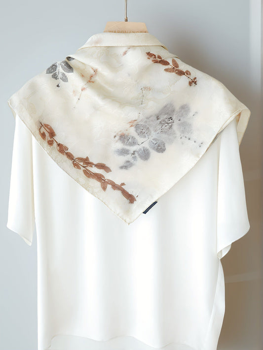Leaf Print & Plant-Dyed Jiaoluo Silk Scarf - 19 Momme Breathable Square Neckwear, Handwoven 100% Mulberry Silk, Intangible Cultural Heritage Gift