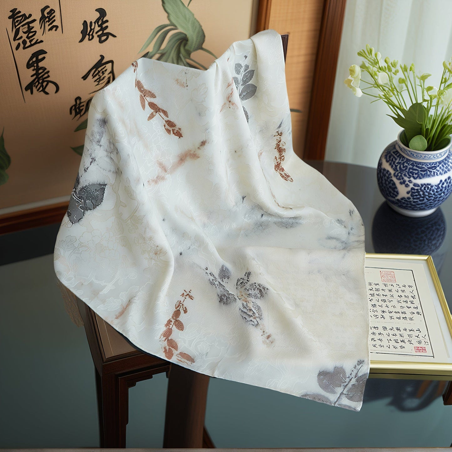 Leaf Print & Plant-Dyed Jiaoluo Silk Scarf - 19 Momme Breathable Square Neckwear, Handwoven 100% Mulberry Silk, Intangible Cultural Heritage Gift