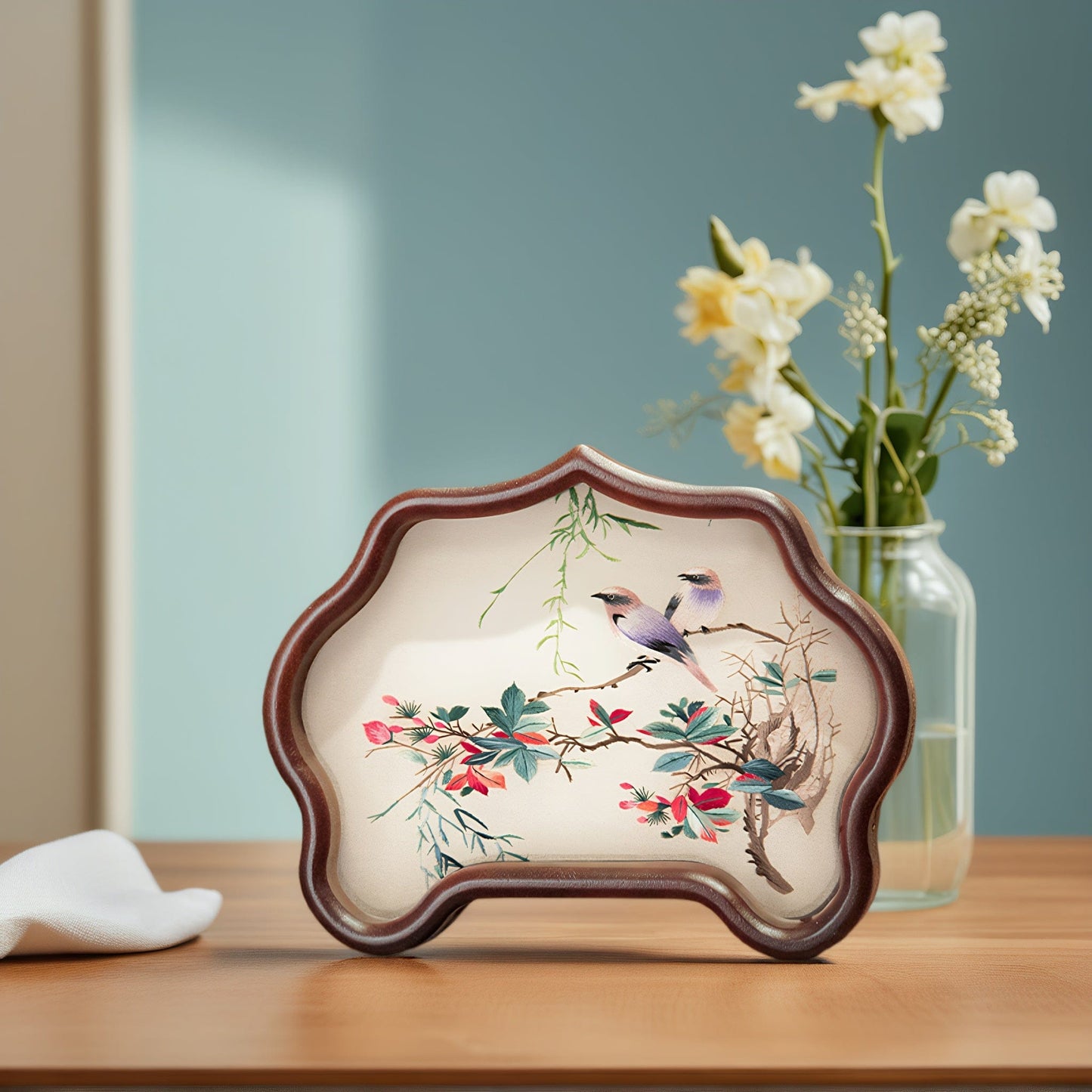 Double-Sided Art Ornament - Handmade Xiang Embroidery Display with Auspicious Birds & Flowers, Meticulous Needlework Home Decor