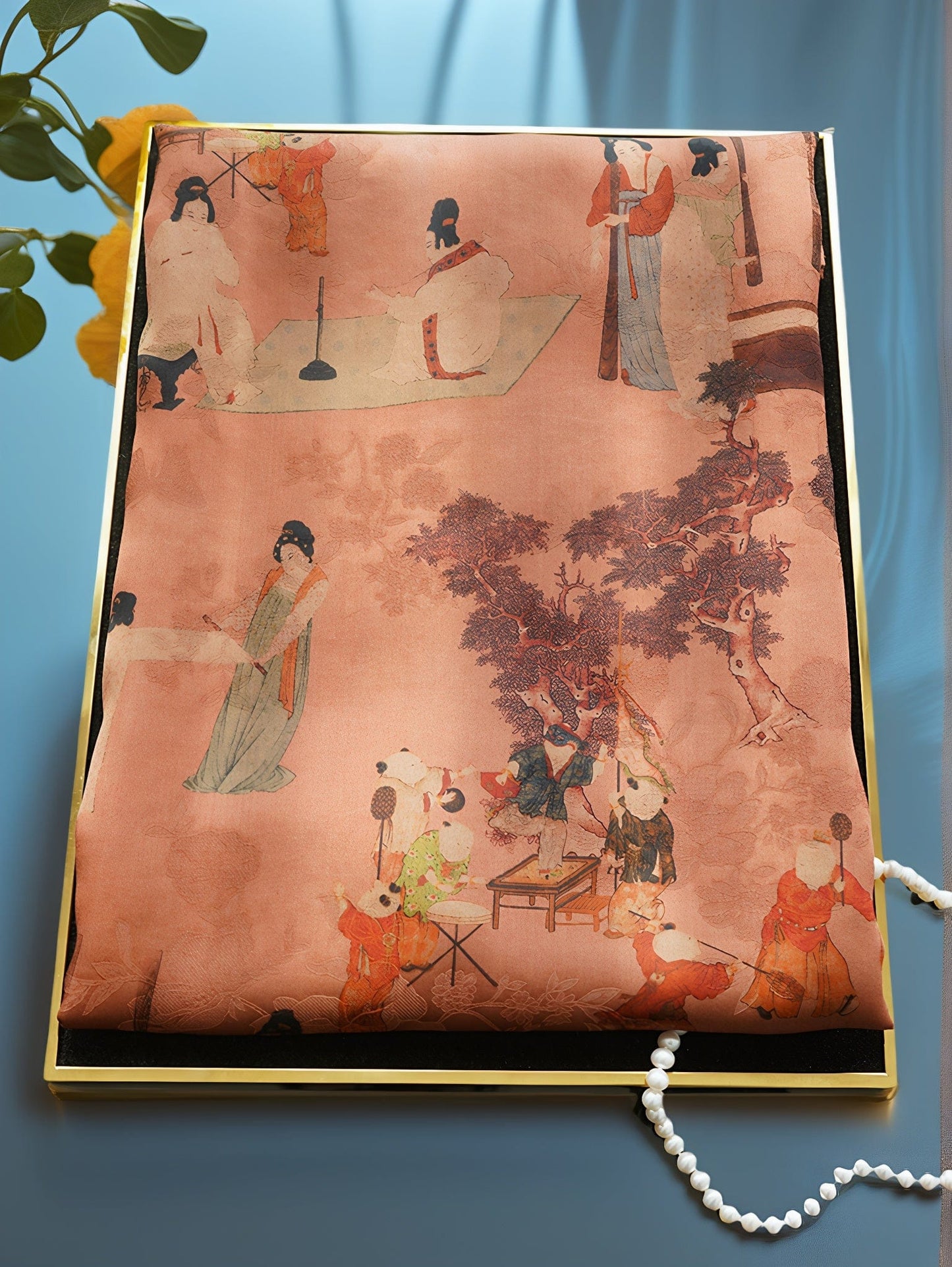 Tang Dynasty Ladies Pattern Square Scarf - Vintage Gambiered Guangdong Silk (Xiangyunsha), 100% Mulberry Silk, Non-Woven Cultural Heritage Shawl/Wrap