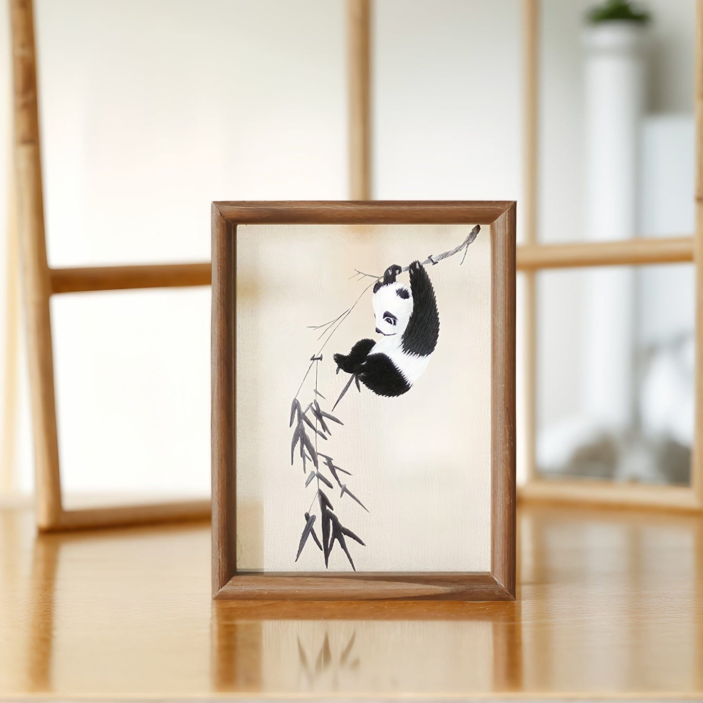 Chinese Double-Sided Embroidery Panda Wall Art - Handstitched Xiang Embroidery on Walnut Wood, Glass-Free Display, Asian Home Decor Gift
