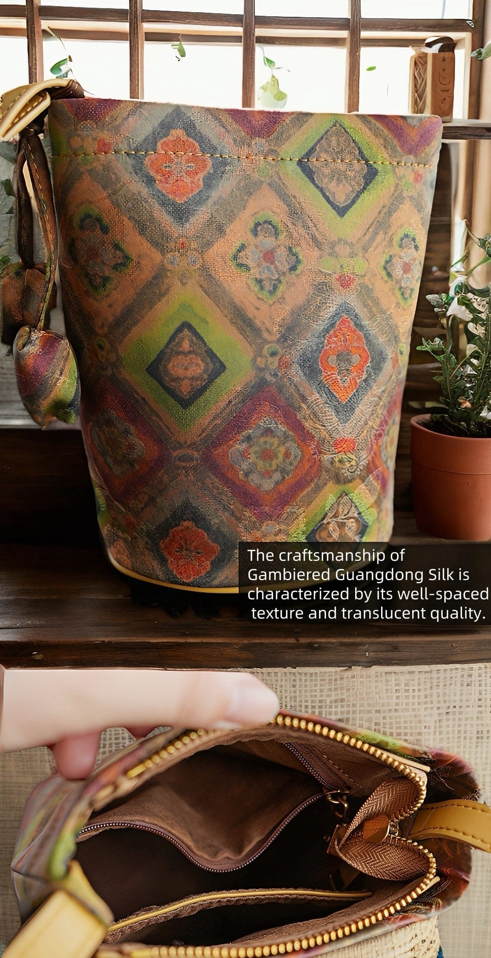 East-Meets-West Elegance: Windowpane Pattern Gambiered Canton Gauze Silk Phone Bag - Chic Oriental Mini Crossbody
