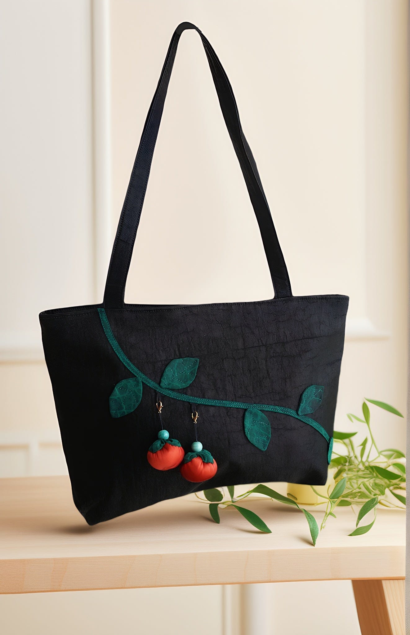 Oriental Gambiered Silk Crossbody Bag with Red Persimmon Charm - Unique Artistic Shoulder Purse