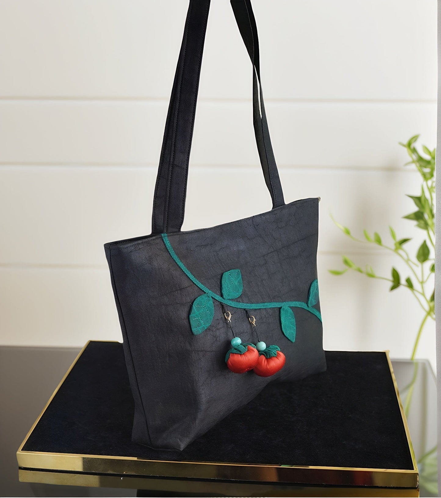 Oriental Gambiered Silk Crossbody Bag with Red Persimmon Charm - Unique Artistic Shoulder Purse