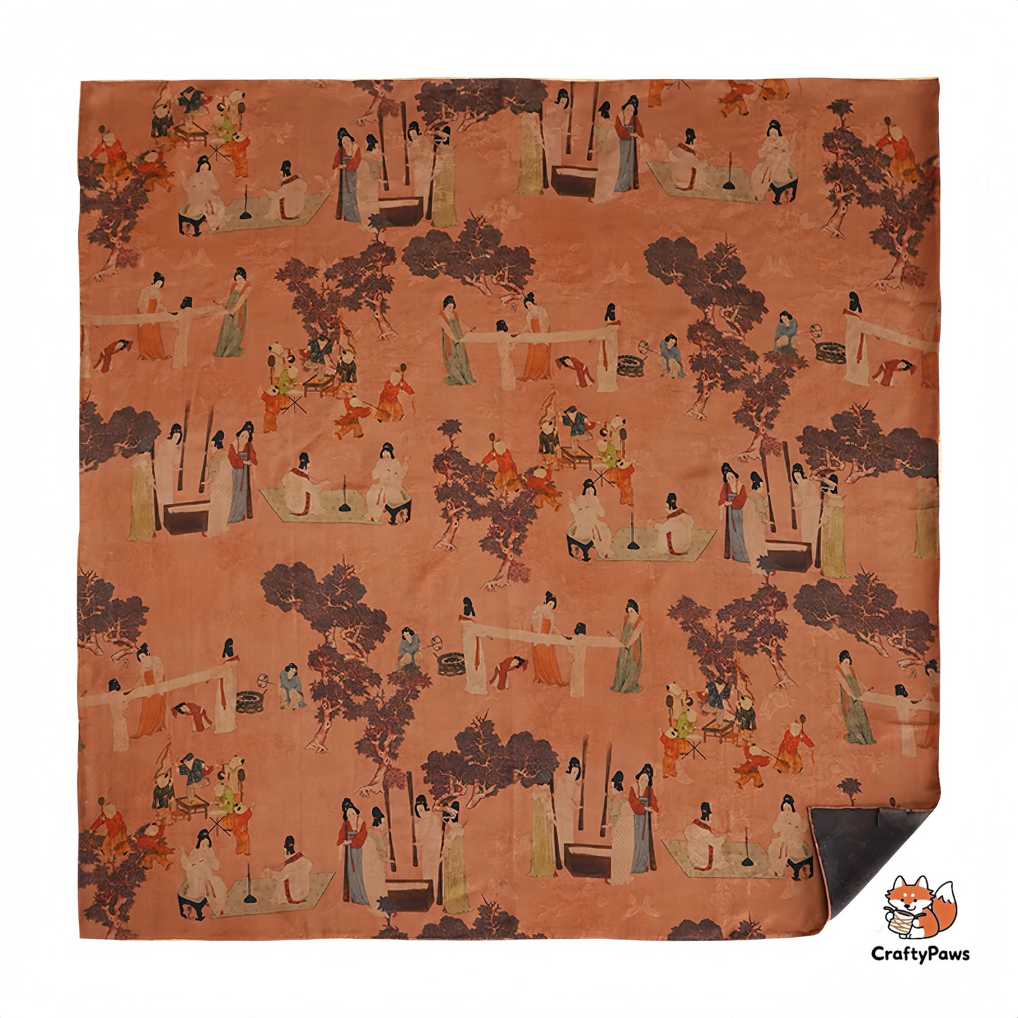 Tang Dynasty Ladies Pattern Square Scarf - Vintage Gambiered Guangdong Silk (Xiangyunsha), 100% Mulberry Silk, Non-Woven Cultural Heritage Shawl/Wrap