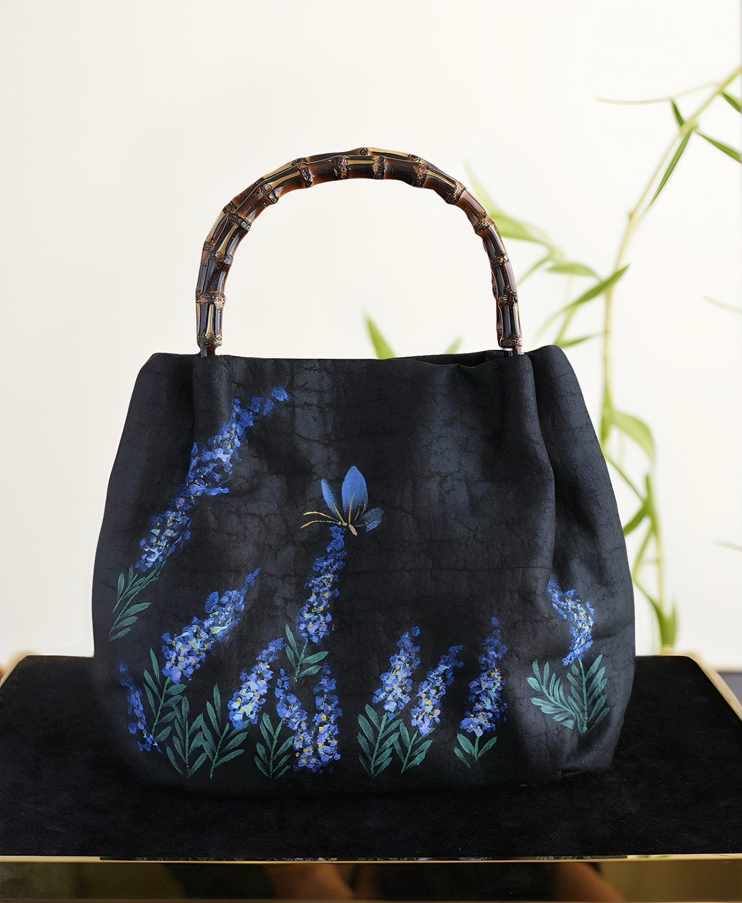 'Dancing with Shadow' Hand-Painted Bamboo Handle Mulberry Silk Handbag