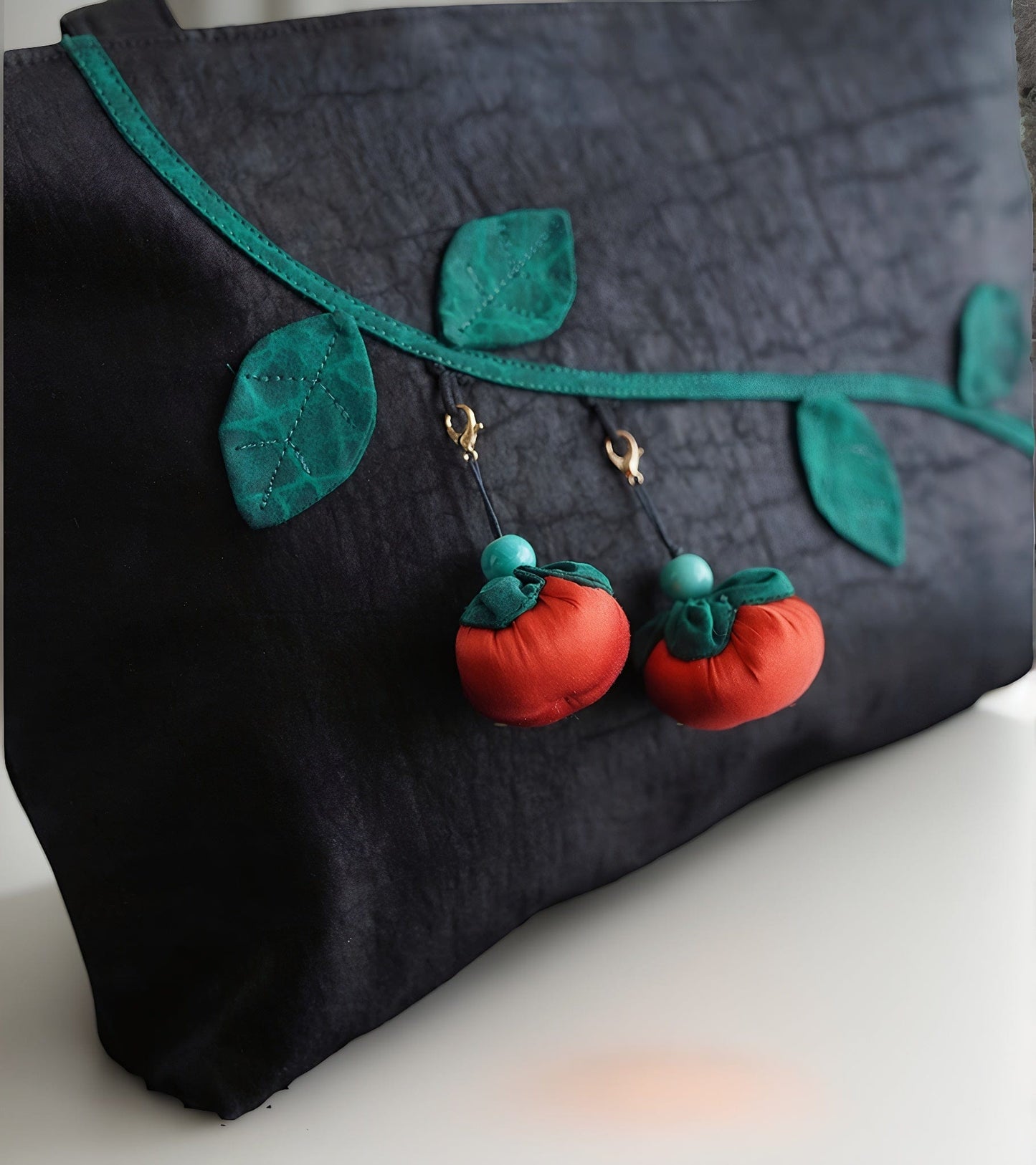 Oriental Gambiered Silk Crossbody Bag with Red Persimmon Charm - Unique Artistic Shoulder Purse