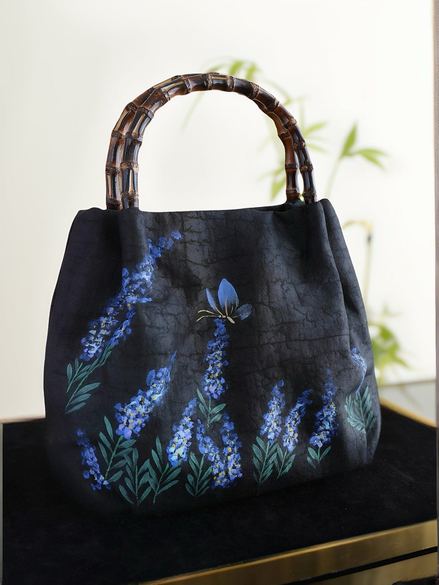 'Dancing with Shadow' Hand-Painted Bamboo Handle Mulberry Silk Handbag