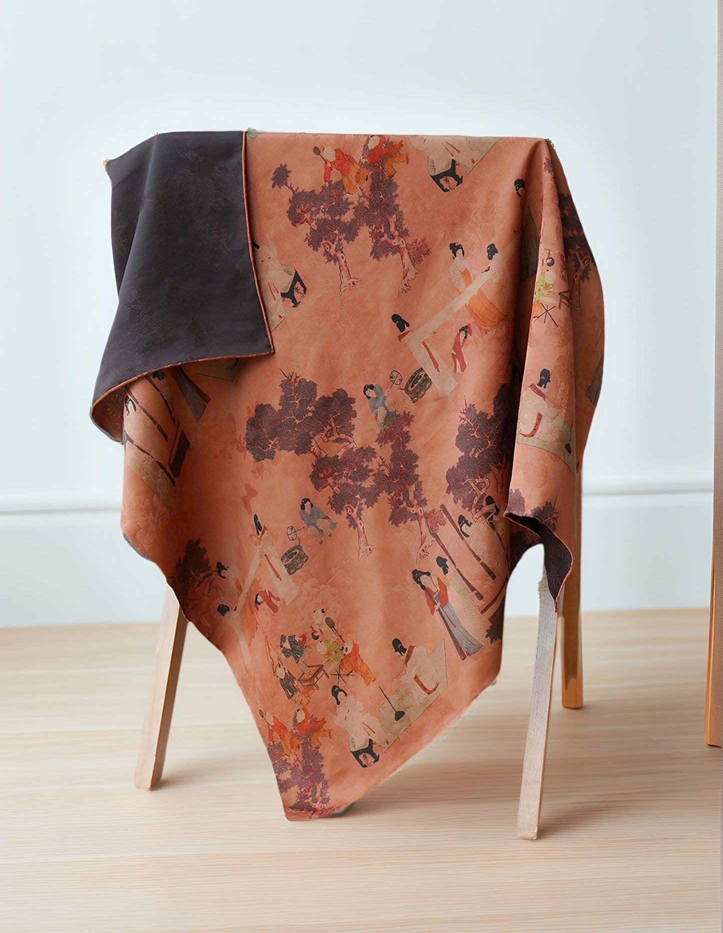 Tang Dynasty Ladies Pattern Square Scarf - Vintage Gambiered Guangdong Silk (Xiangyunsha), 100% Mulberry Silk, Non-Woven Cultural Heritage Shawl/Wrap