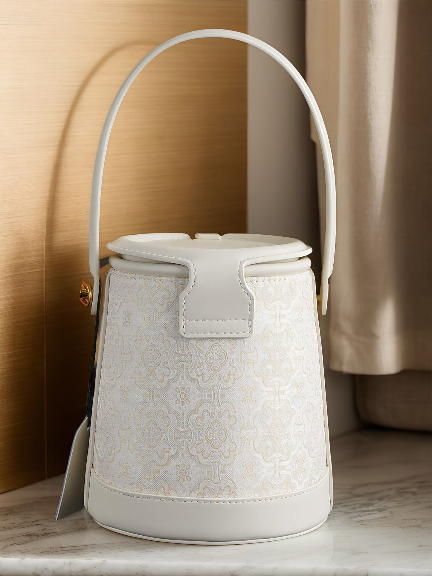 Luxury White Bucket Bag - Exquisite Silk Song Brocade with Traditional Motif, East-Meets-West Versatile Shoulder Bag