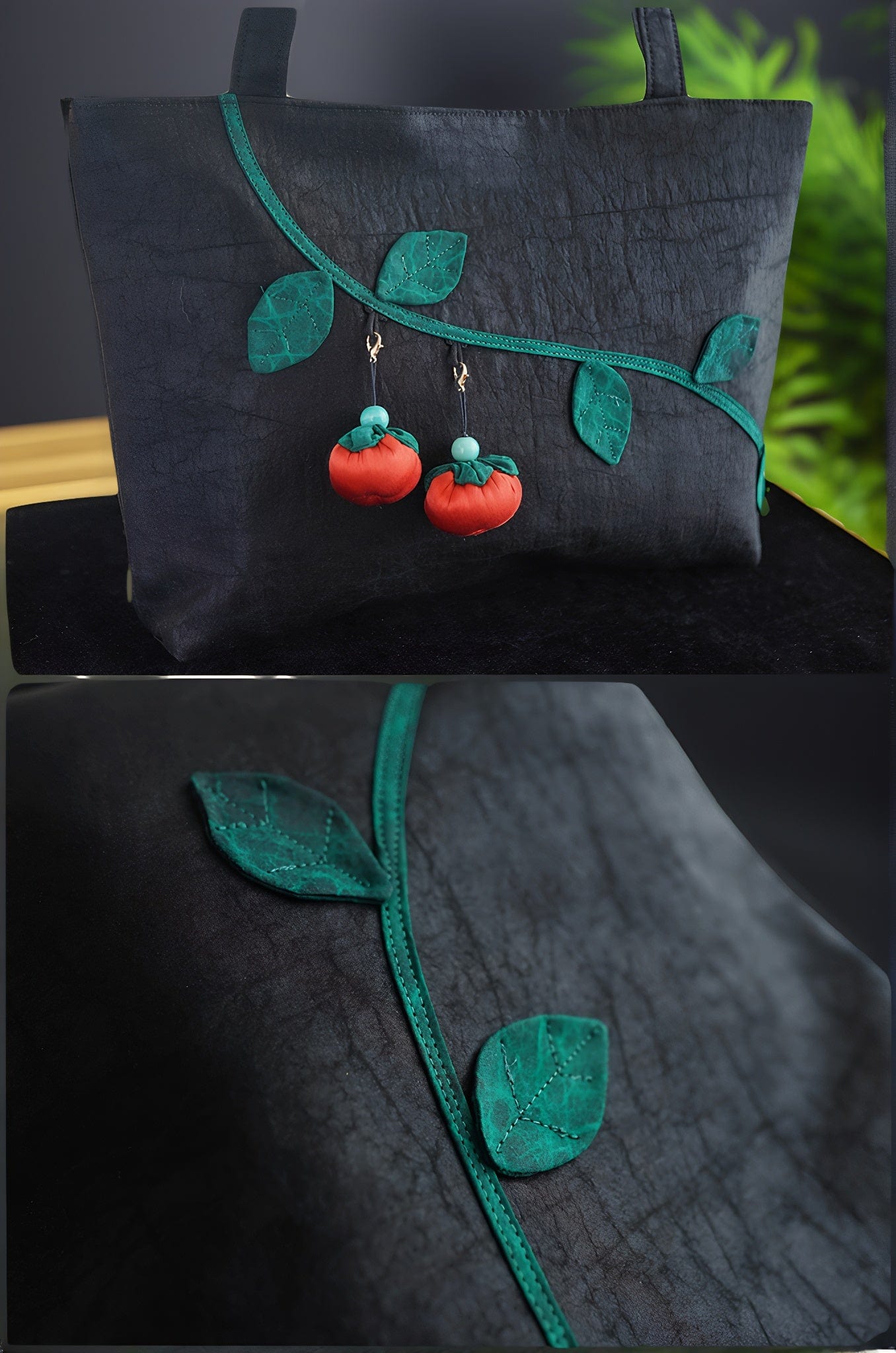 Oriental Gambiered Silk Crossbody Bag with Red Persimmon Charm - Unique Artistic Shoulder Purse
