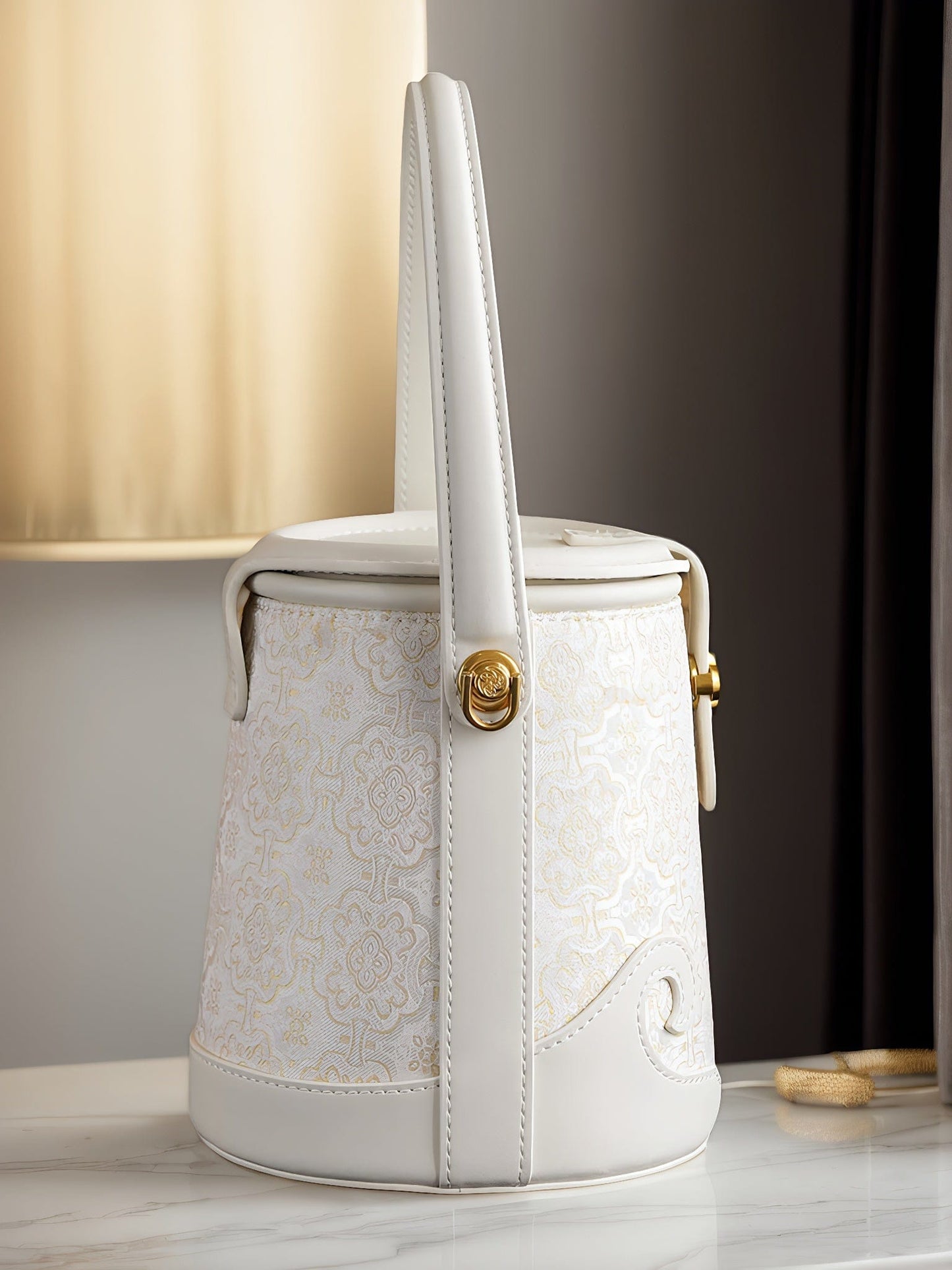 Luxury White Bucket Bag - Exquisite Silk Song Brocade with Traditional Motif, East-Meets-West Versatile Shoulder Bag