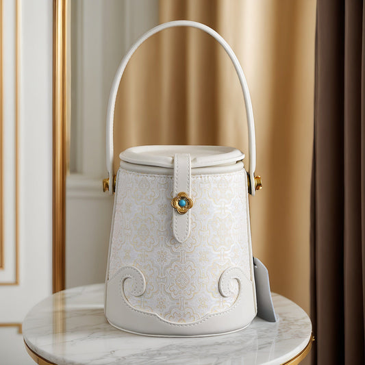 Luxury White Bucket Bag - Exquisite Silk Song Brocade with Traditional Motif, East-Meets-West Versatile Shoulder Bag