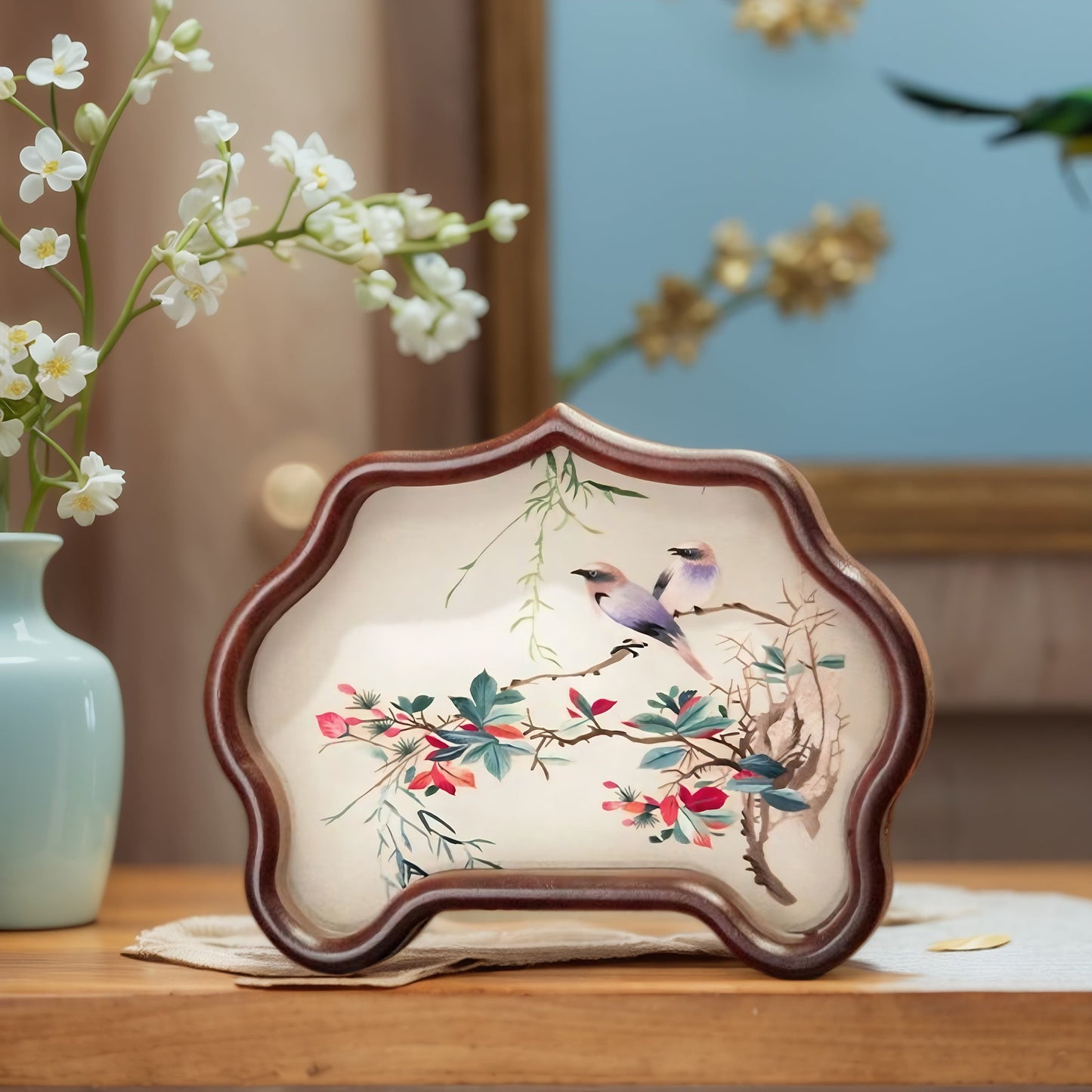 Double-Sided Art Ornament - Handmade Xiang Embroidery Display with Auspicious Birds & Flowers, Meticulous Needlework Home Decor