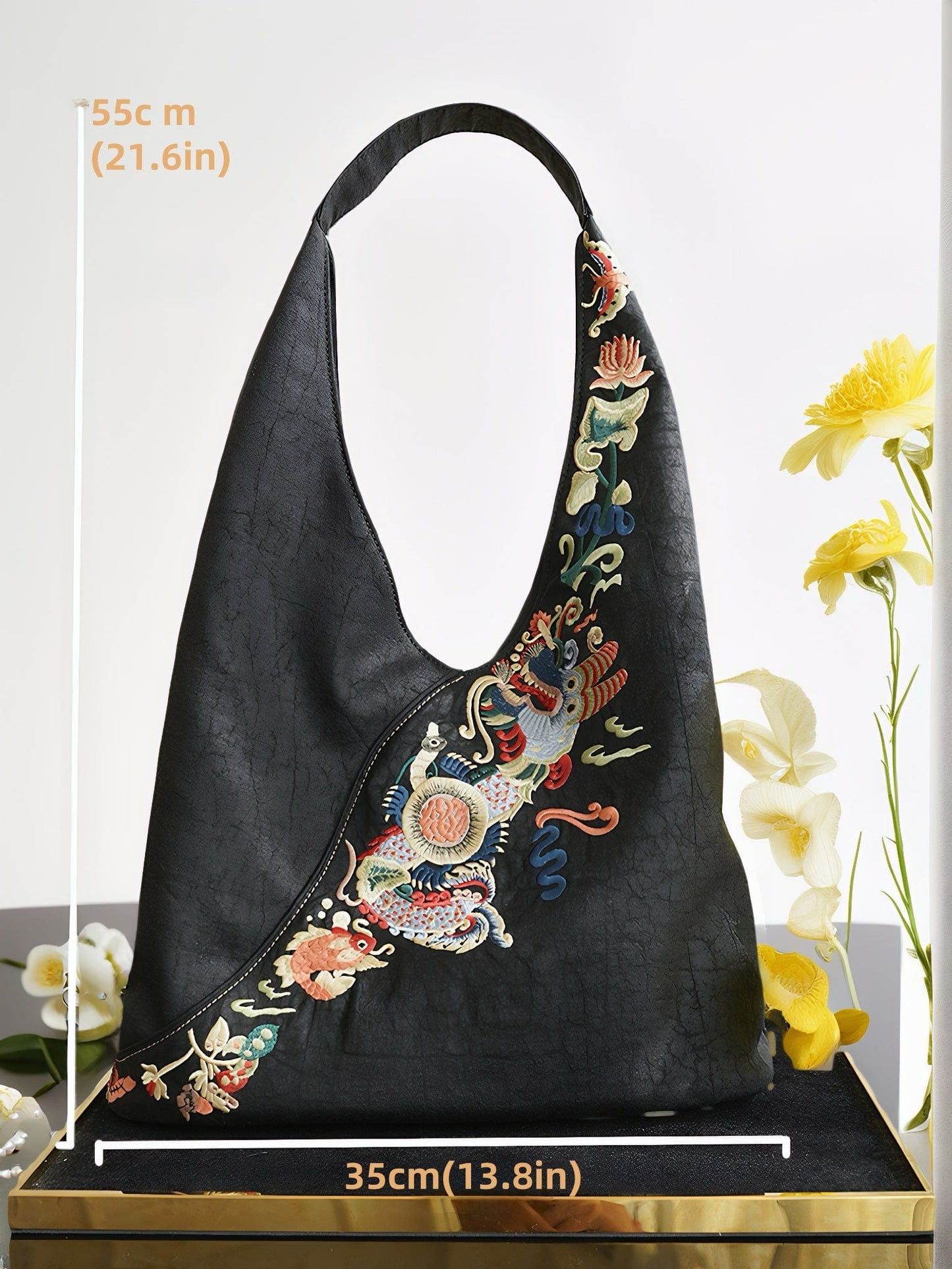 Loong Li Xiangyunsha Tote Size Chart showing detailed dimensions including length(35cm/13.8in), height(55cm/21.6in), width, and strap length.