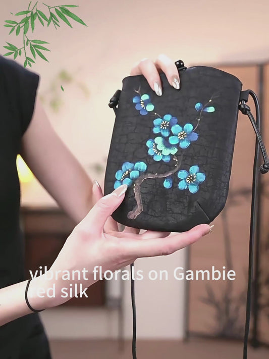 Gambiered Guangdong Silk Crossbody Bag | Hand-Painted Chinese Art | Women's Phone Purse