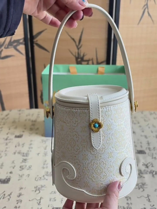 Luxury White Bucket Bag - Exquisite Silk Song Brocade with Traditional Motif, East-Meets-West Versatile Shoulder Bag