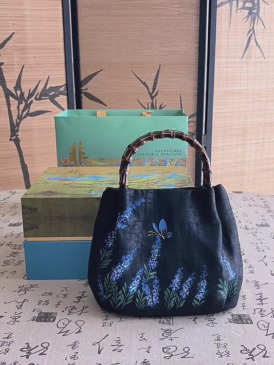 'Dancing with Shadow' Hand-Painted Bamboo Handle Mulberry Silk Handbag
