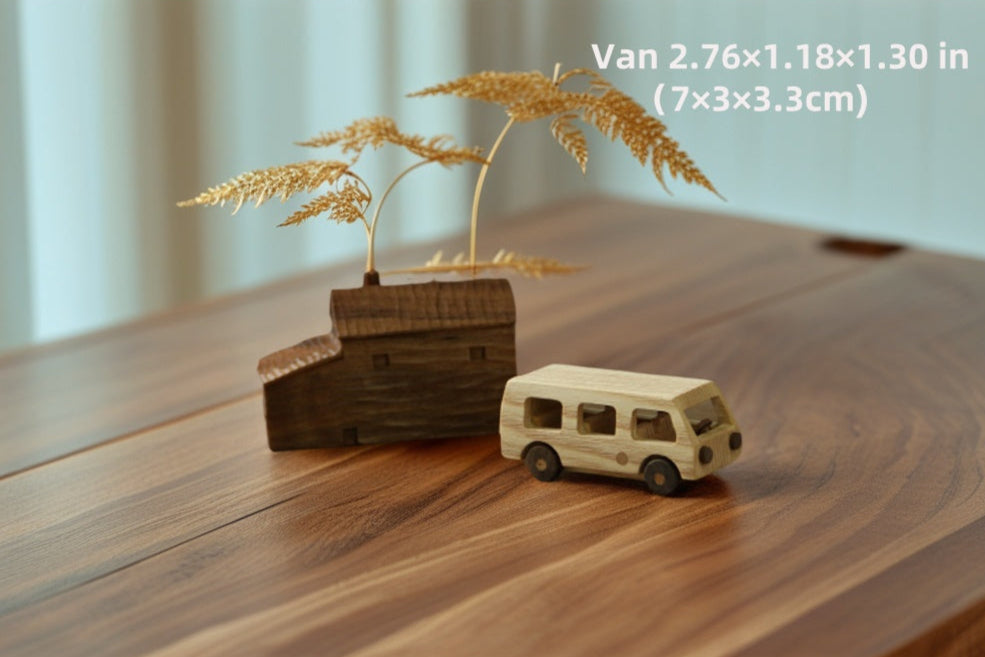 Artisan-Crafted Ash & Walnut Van – Natural Beeswax-Finished Solid Wood Dashboard Decor, Eco-Friendly Vehicle Interior Accessory with Scratch-Resistant Protection