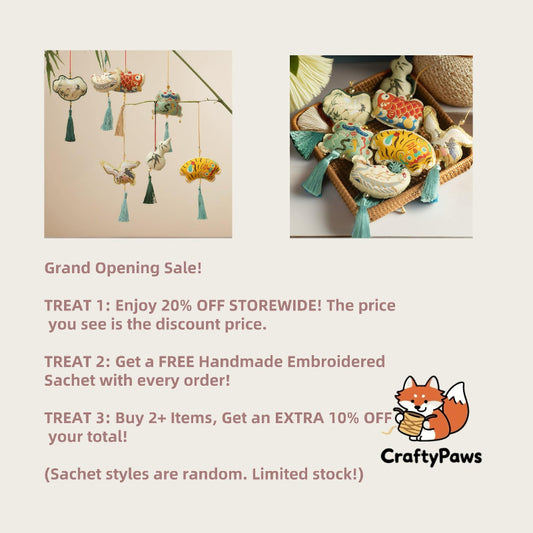 Celebrate our grand opening! Get 20% off everything (price shown is discounted). Spend any amount to receive a free handmade embroidered sachet (random style). Buy 2+ items for an extra 10% off total. Limited offers!