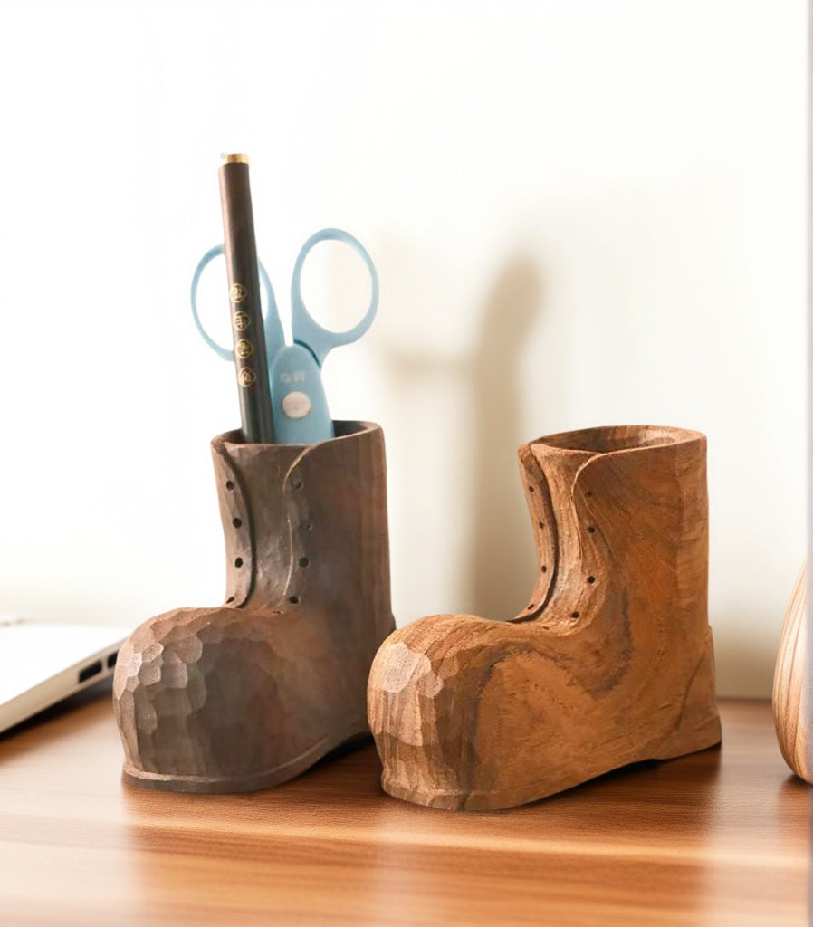 Crafted with meticulous artistry, this ​hand-carved shoe-shaped pen holder​ blends whimsical design with functional elegance. Made from sustainably sourced solid wood and finished with a non-toxic beeswax coating, it offers a ​scratch-resistant surface​ while maintaining eco-friendly integrity.