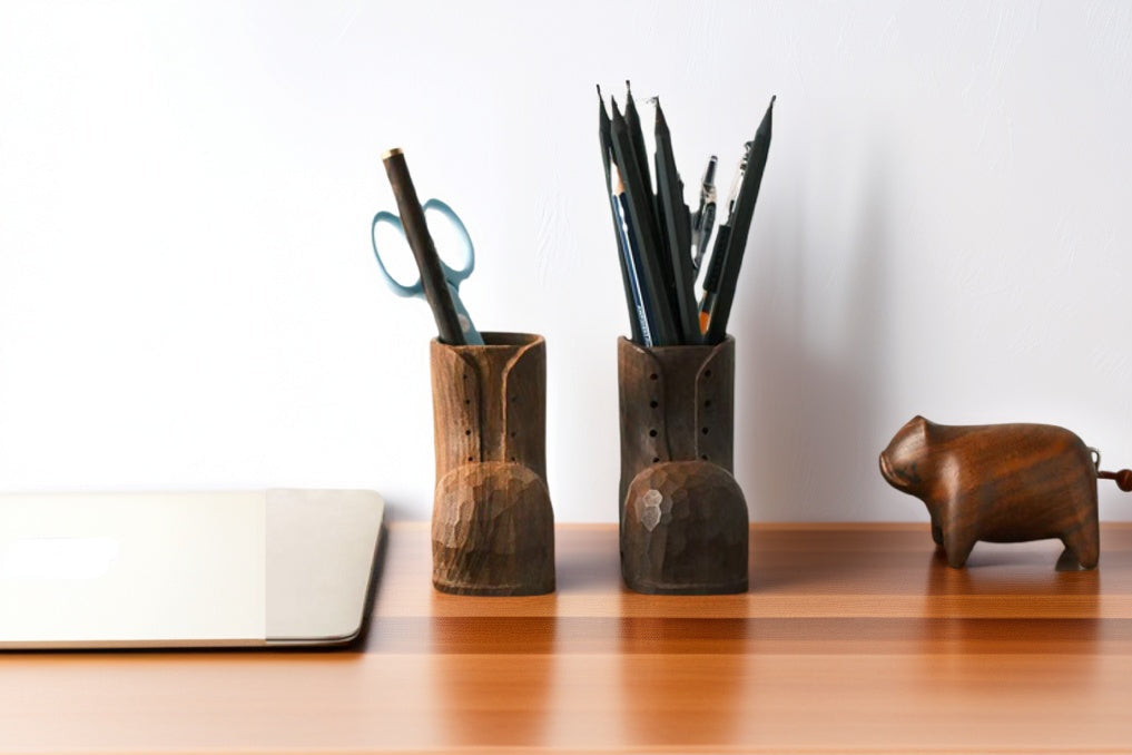 Hand-Carved Shoe-Shaped Pen Holder – Solid Wood Desk Organizer with Eco-Friendly Finish | Unique Office Decor & Gift for Professionals