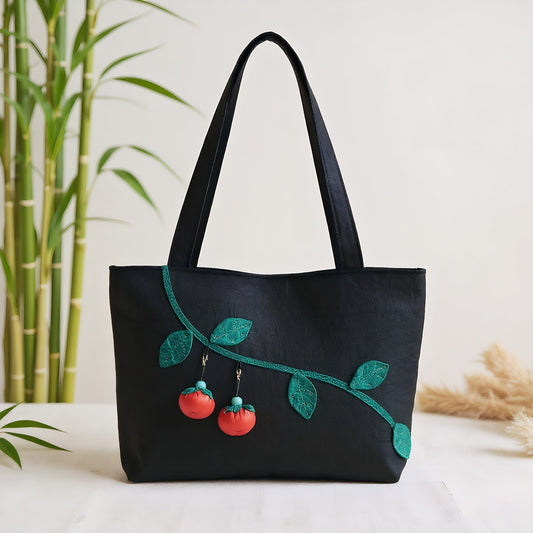 Oriental Gambiered Silk Crossbody Bag with Red Persimmon Charm - Unique Artistic Shoulder Purse