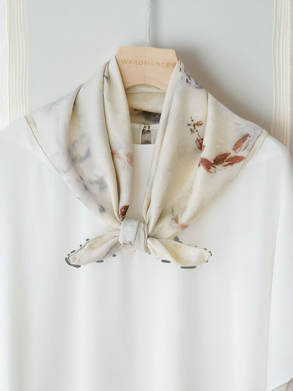 Leaf Print & Plant-Dyed Jiaoluo Silk Scarf - 19 Momme Breathable Square Neckwear, Handwoven 100% Mulberry Silk, Intangible Cultural Heritage Gift