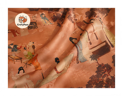 Tang Dynasty Ladies Pattern Square Scarf - Vintage Gambiered Guangdong Silk (Xiangyunsha), 100% Mulberry Silk, Non-Woven Cultural Heritage Shawl/Wrap