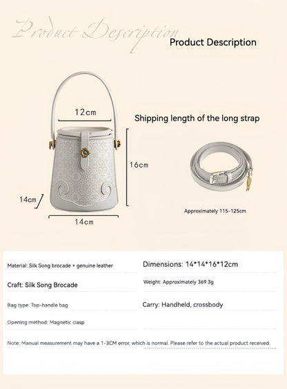 Luxury White Bucket Bag - Exquisite Silk Song Brocade with Traditional Motif, East-Meets-West Versatile Shoulder Bag
