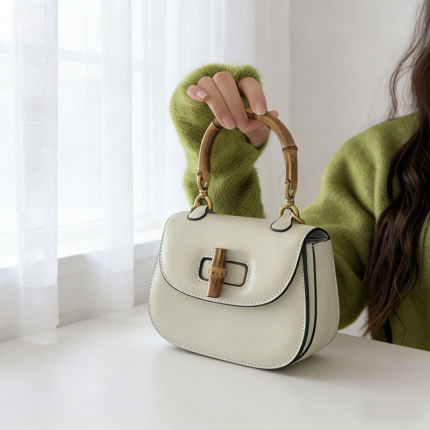 Bamboo Handle Leather Top Handle Bag