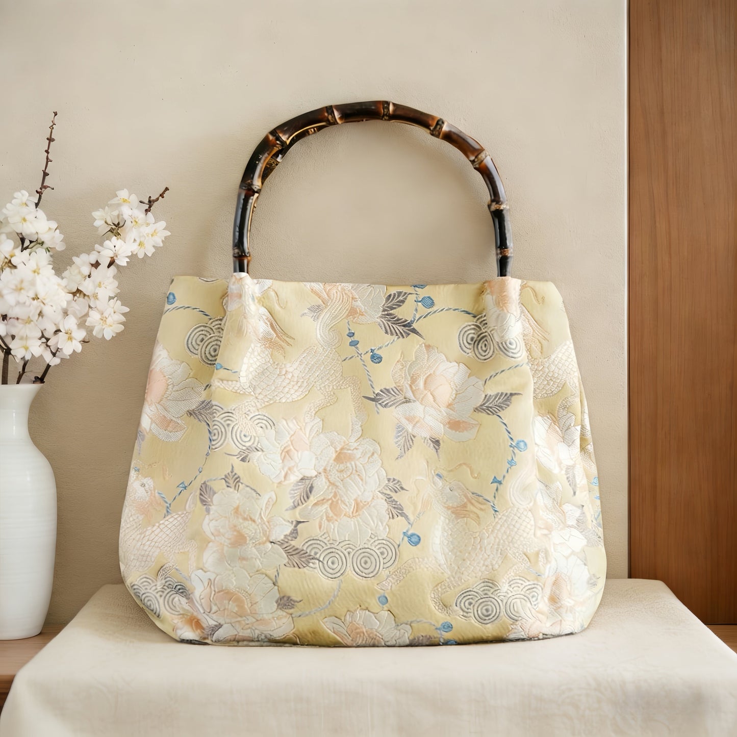 Song Brocade Kylin Bamboo Handle Tote