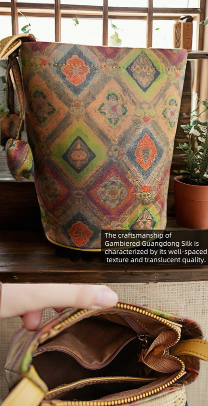 East-Meets-West Elegance: Windowpane Pattern Gambiered Canton Gauze Silk Phone Bag - Chic Oriental Mini Crossbody