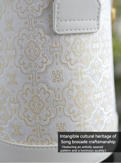 Luxury White Bucket Bag - Exquisite Silk Song Brocade with Traditional Motif, East-Meets-West Versatile Shoulder Bag