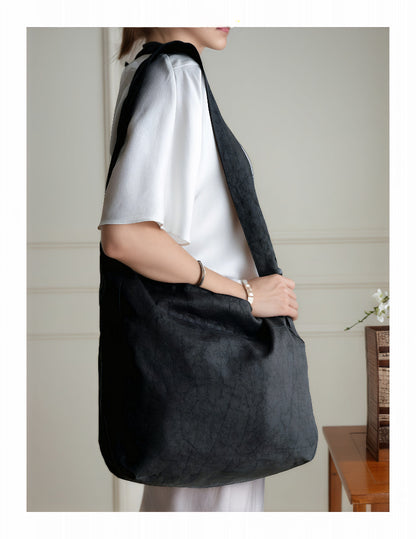 Gambiered Guangdong Silk (Xiangyun Sha) Tortoise-Crack Pattern Lotus Drawstring Bag - New Chinese Style Women's Shoulder Tote, Convertible Crossbody & Handheld Purse for Daily Commute