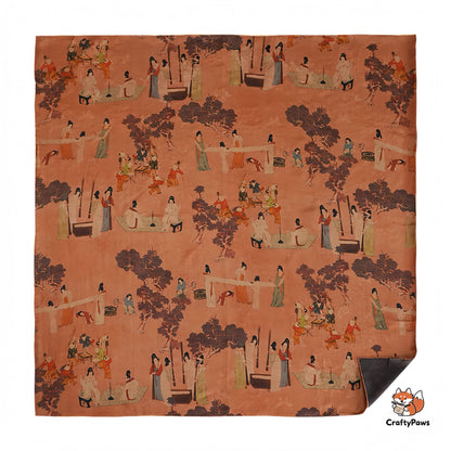 Tang Dynasty Ladies Pattern Square Scarf - Vintage Gambiered Guangdong Silk (Xiangyunsha), 100% Mulberry Silk, Non-Woven Cultural Heritage Shawl/Wrap