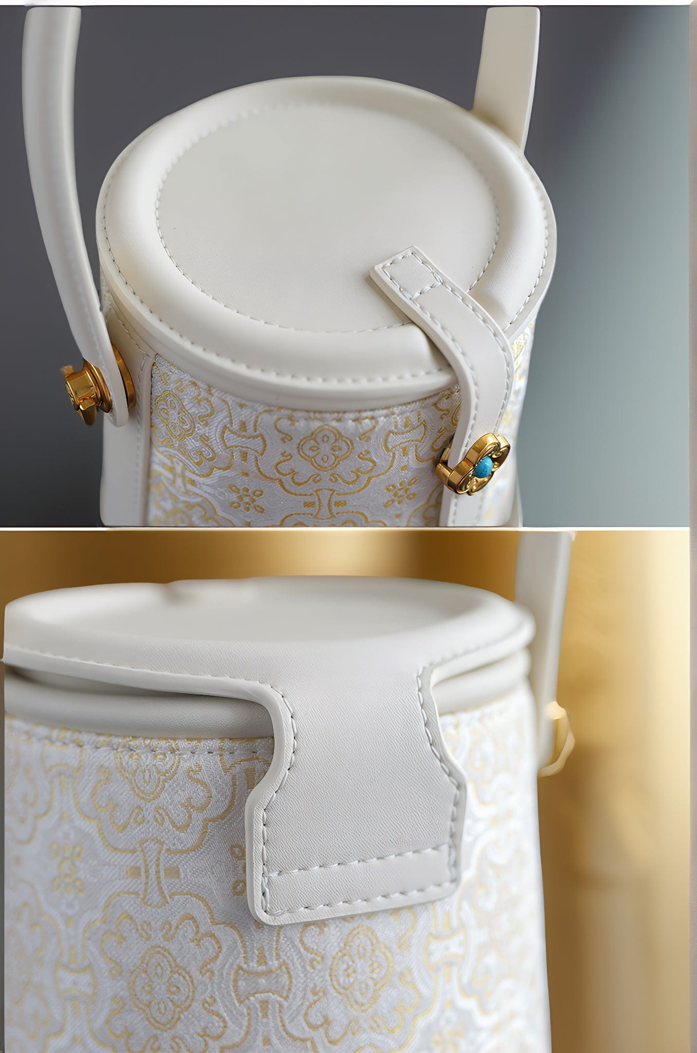 Luxury White Bucket Bag - Exquisite Silk Song Brocade with Traditional Motif, East-Meets-West Versatile Shoulder Bag