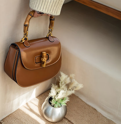 Bamboo Handle Leather Top Handle Bag
