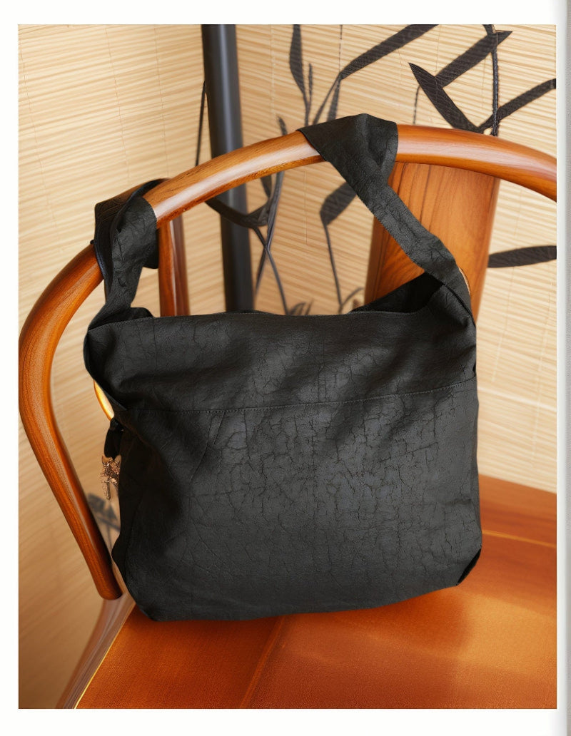Gambiered Guangdong Silk (Xiangyun Sha) Tortoise-Crack Pattern Lotus Drawstring Bag - New Chinese Style Women's Shoulder Tote, Convertible Crossbody & Handheld Purse for Daily Commute