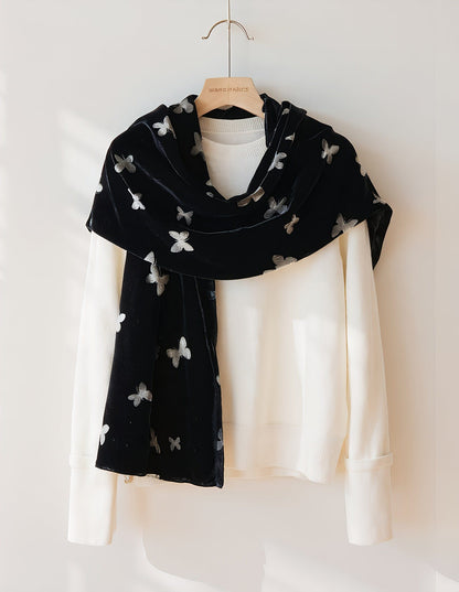 New Chinese Style Velvet Silk Scarf - Double-Layer Winter Shawl for Women with Butterfly Print, Mulberry Silk Luxury Wrap