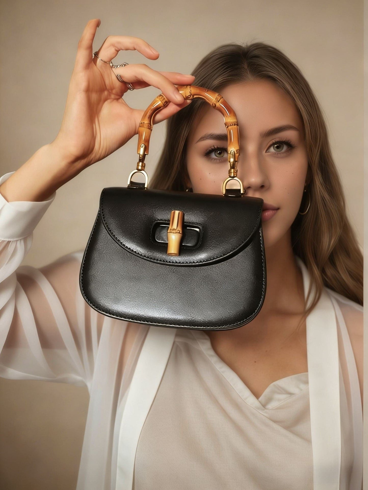 Bamboo Handle Leather Top Handle Bag