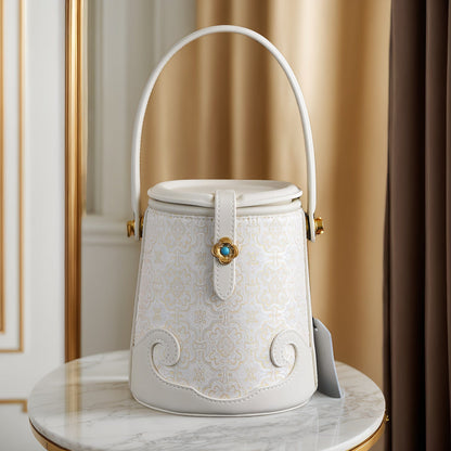 Luxury White Bucket Bag - Exquisite Silk Song Brocade with Traditional Motif, East-Meets-West Versatile Shoulder Bag
