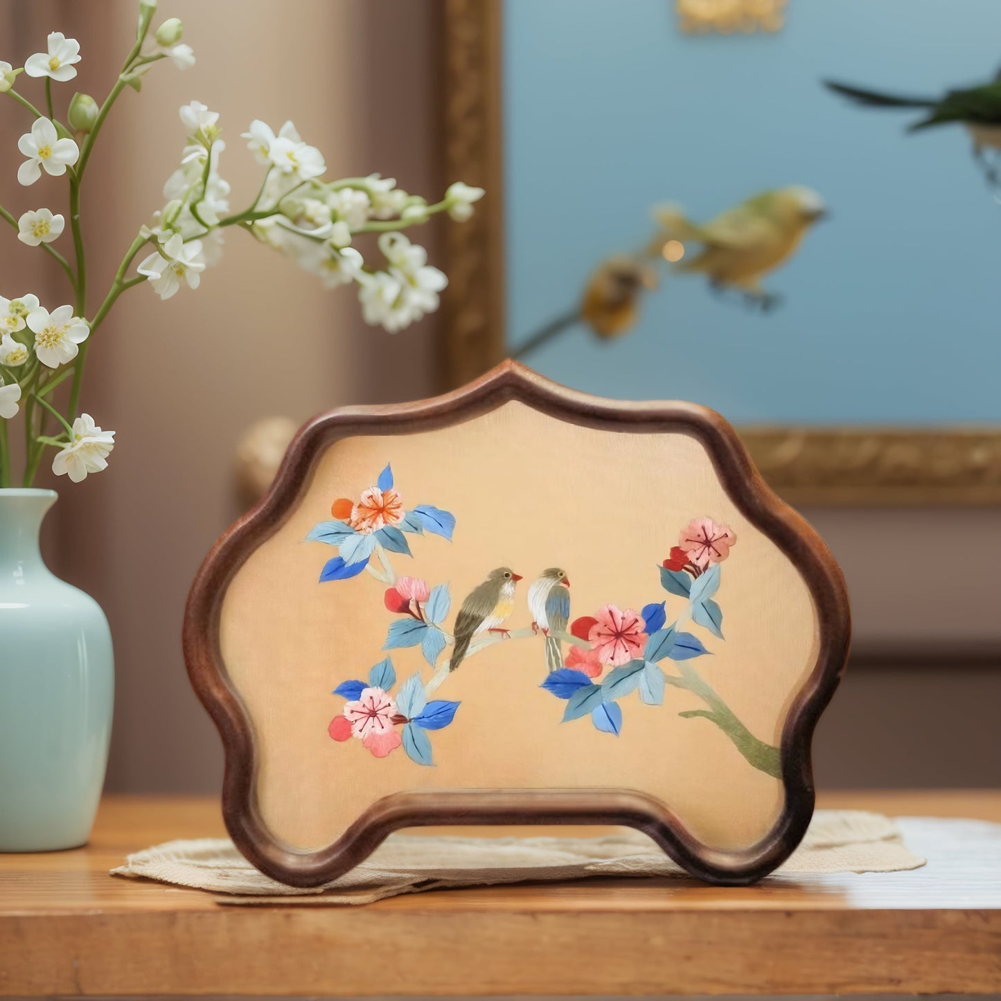 Double-Sided Art Ornament - Handmade Xiang Embroidery Display with Auspicious Birds & Flowers, Meticulous Needlework Home Decor