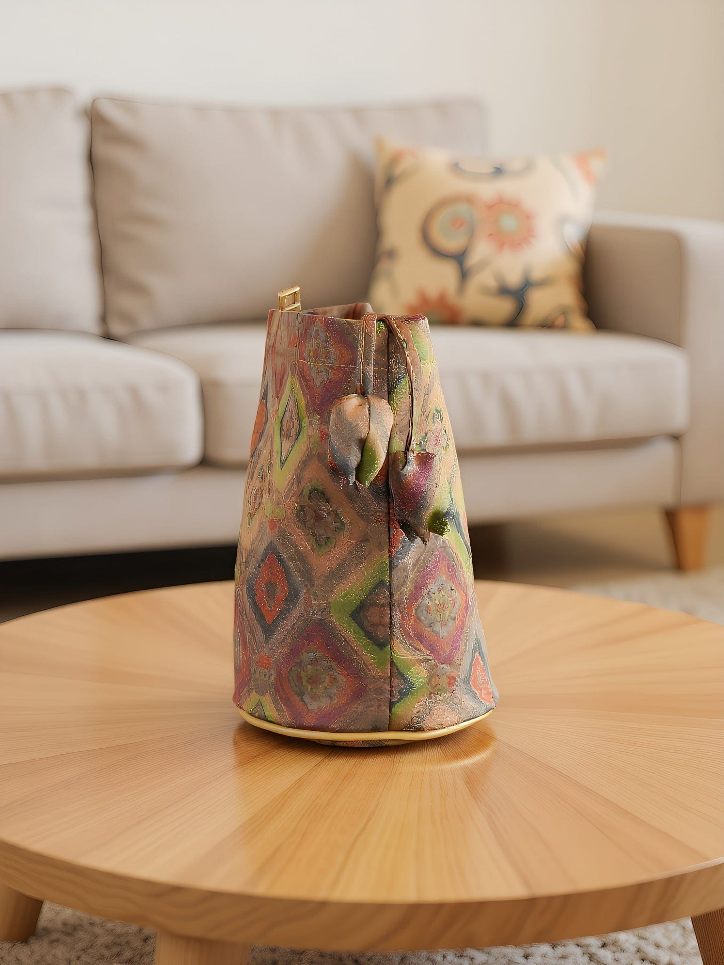 Side profile of the Four-Grid Window Pattern Xiangyunsha Silk Crossbody Bag, showcasing its ​structured silhouette​ that maintains a ​rigid shape. The ​reinforced bottom​ prevents sagging, while the ​detachable charm accessory​ offers versatile styling options for custom wear.