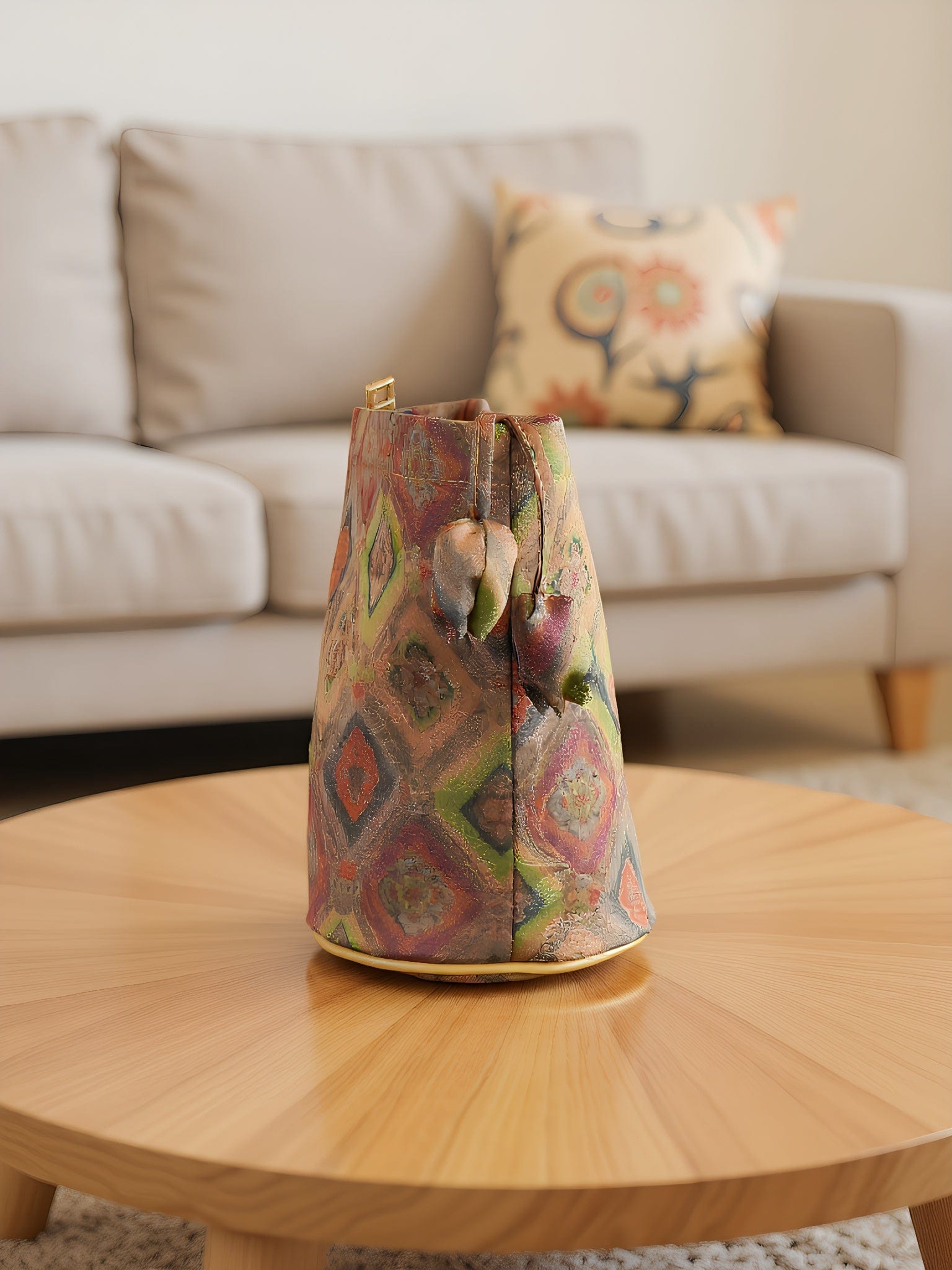 Side profile of the Four-Grid Window Pattern Xiangyunsha Silk Crossbody Bag, showcasing its ​structured silhouette​ that maintains a ​rigid shape. The ​reinforced bottom​ prevents sagging, while the ​detachable charm accessory​ offers versatile styling options for custom wear.