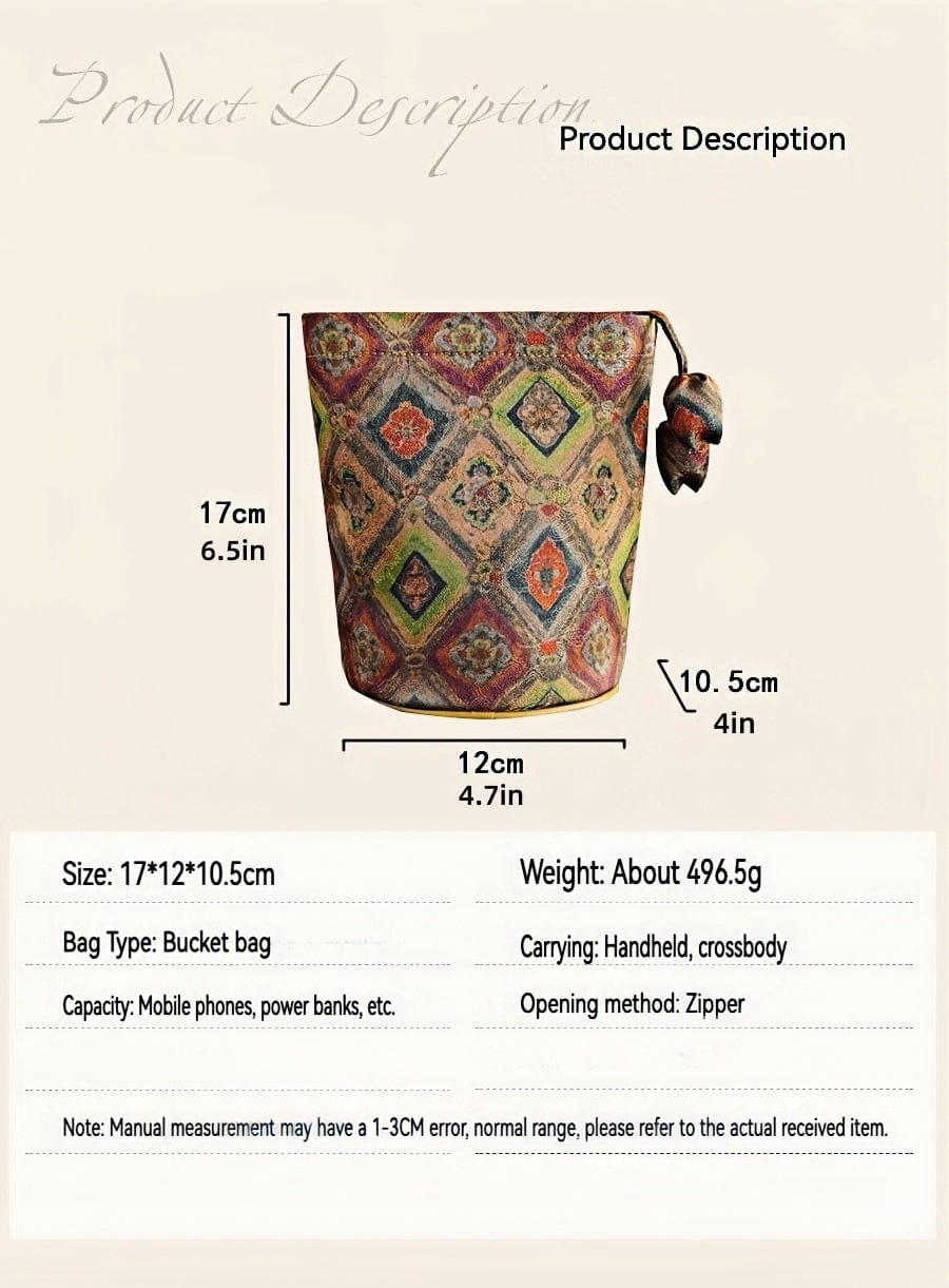 Size and dimension overview of the ​Four-Grid Window Pattern Xiangyunsha Silk Vintage Crossbody Bag, highlighting its ​compact and practical measurements​ for lightweight, everyday carry. The bag’s structured silhouette ensures optimal space for essentials while maintaining a portable profile, ideal for versatile use.